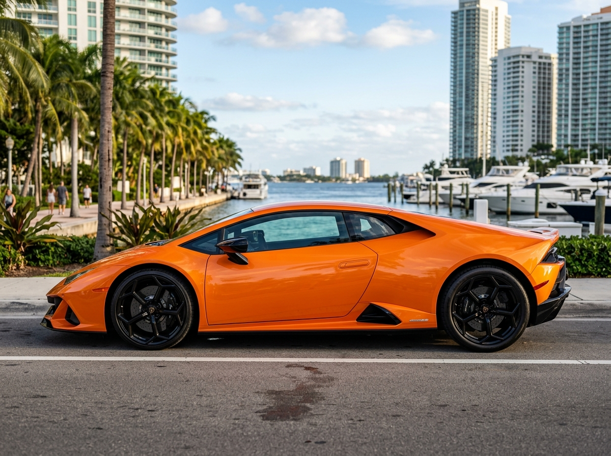 2021 Lamborghini Huracan EVO exotic supercar in Miami, glossy exterior side view