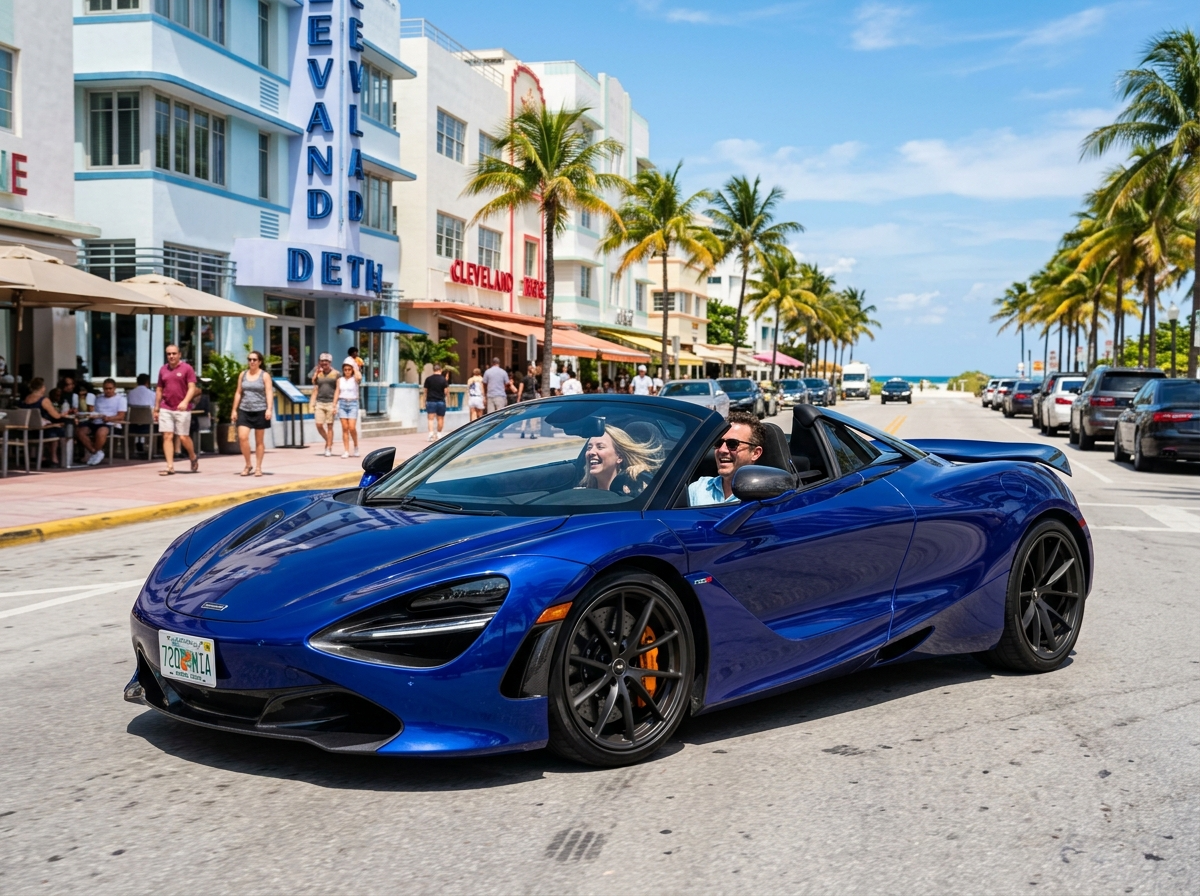2021 McLaren 720S Spider convertible exotic in Miami Beach, blue pearl paint, open top