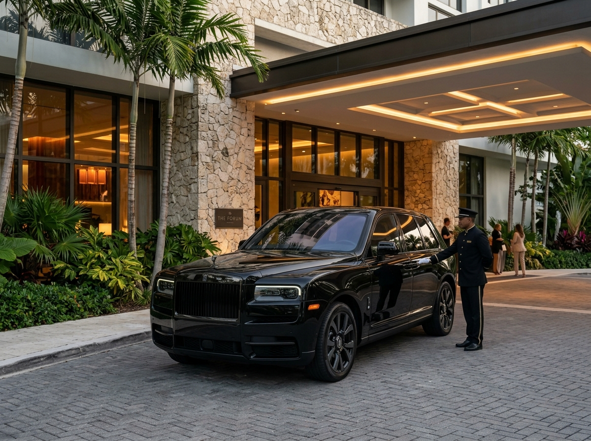 2022 Rolls-Royce Cullinan Black Badge ultra luxury SUV in all black, Miami hotel entrance