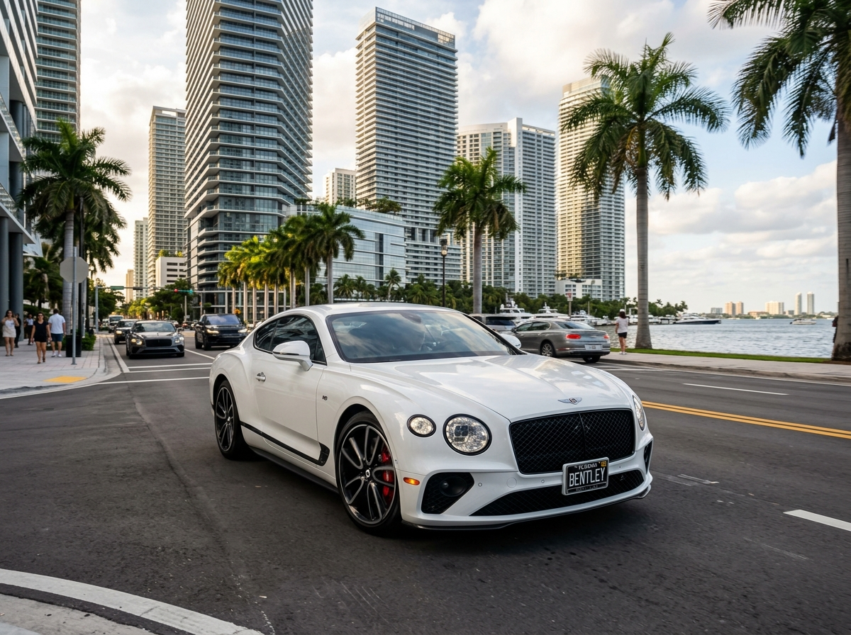 2022 Bentley Continental GT luxury grand tourer white in Miami Brickell, front three-quarter view