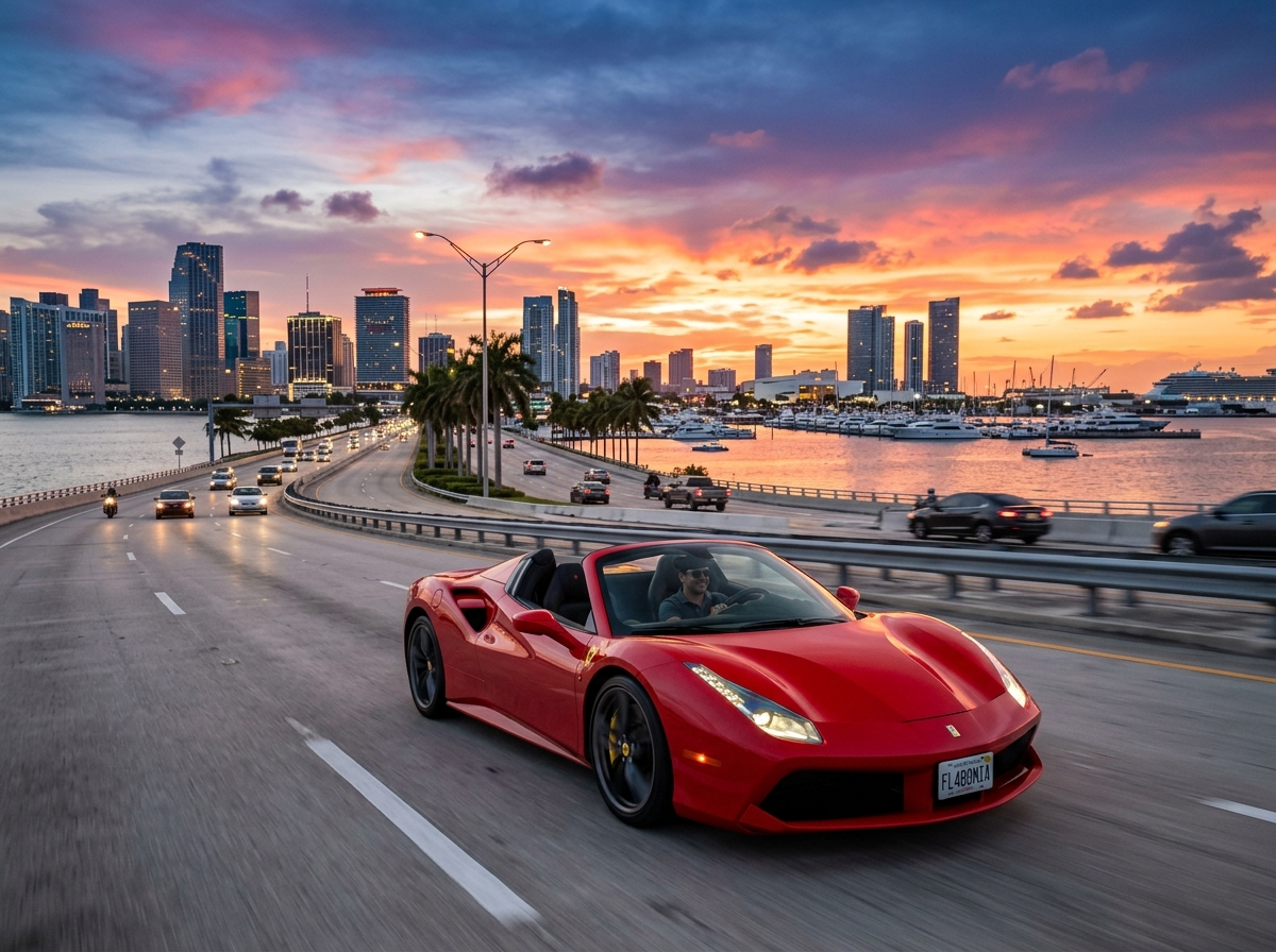 2020 Ferrari 488 Spider red convertible exotic driving on Miami causeway sunset