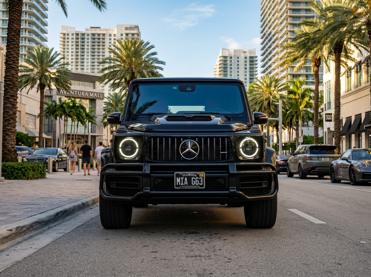 2024 Mercedes-Benz G63 AMG black luxury SUV in Miami Aventura, imposing front view