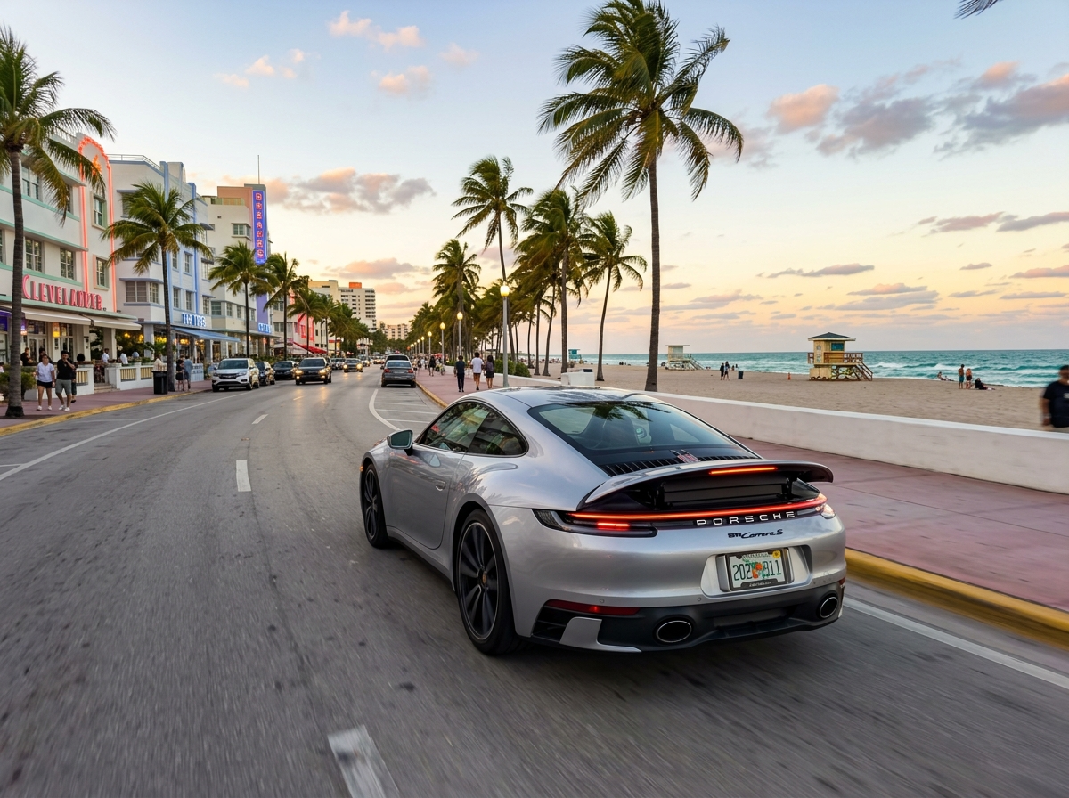 2026 Porsche 911 Carrera S silver sports car on Miami beach road, rear spoiler deployed