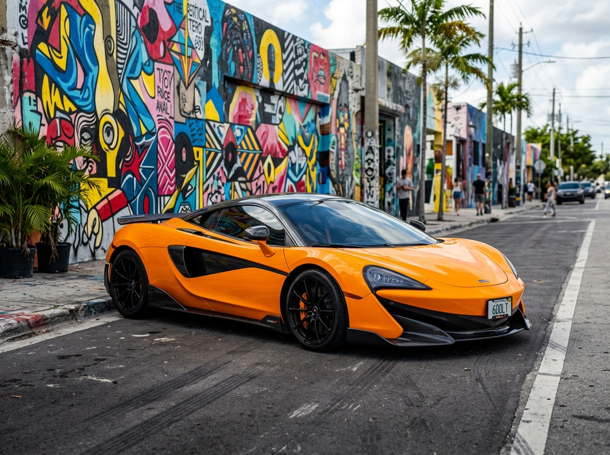 2022 McLaren 600LT exotic supercar in orange, parked in Wynwood Miami with street art backdrop
