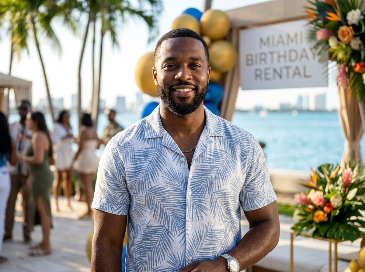 Portrait of Marcus T., Miami birthday rental customer, confident smile