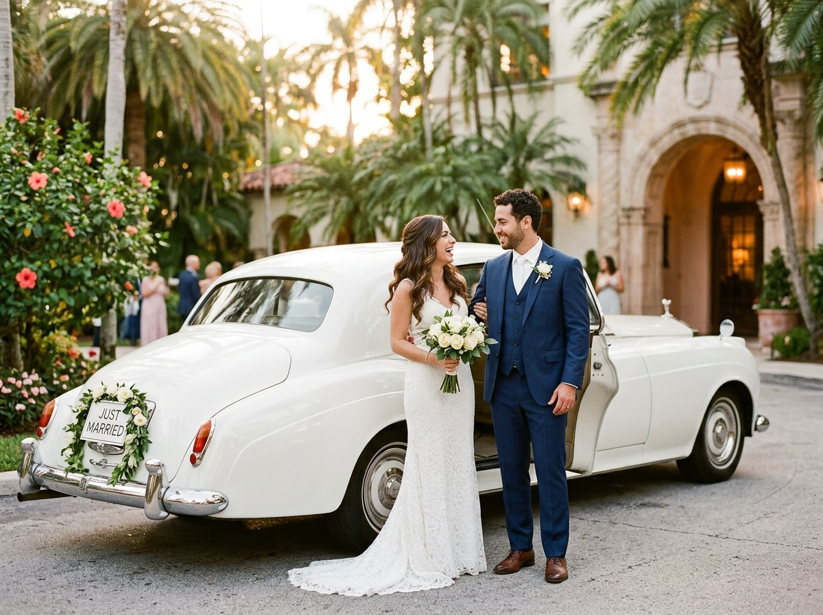 Portrait of Daniela and Rafael M., couple who rented Rolls-Royce for their Miami wedding day